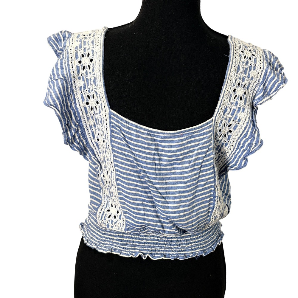 American Eagle Striped Eyelet Crop Top Medium Cottage Coastal Euro Summer Boho - Picture 3 of 11